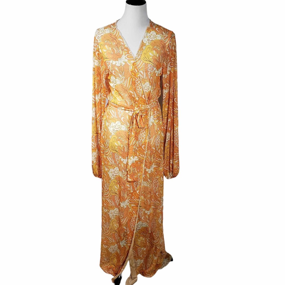 Windsor Large Orange Long Sheer Robe Lingerie Bathing Suit Coverup Cover-up